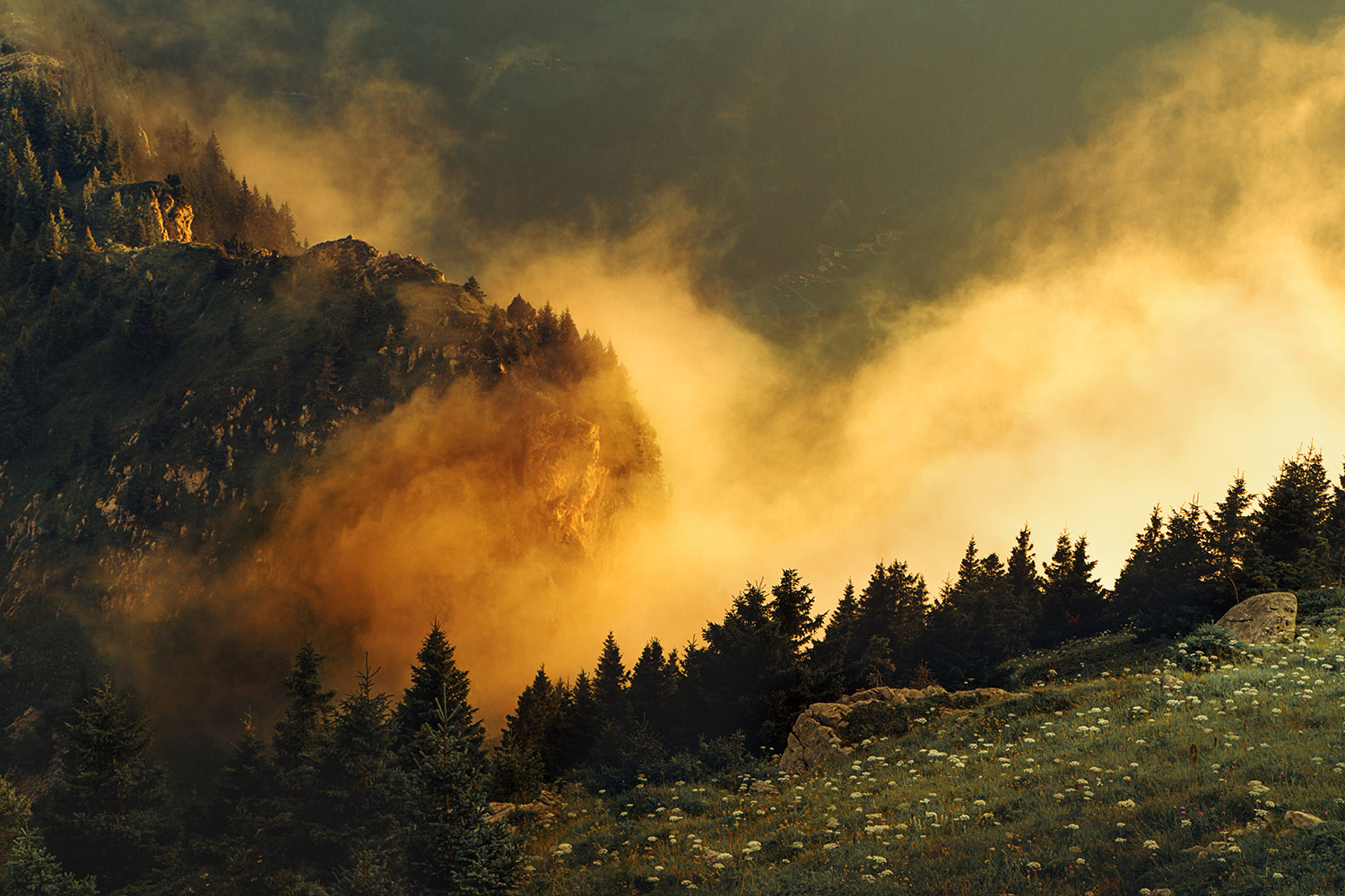 Raphaelle Monvoisin, The Golden Mist, Dusk French Alps mountains