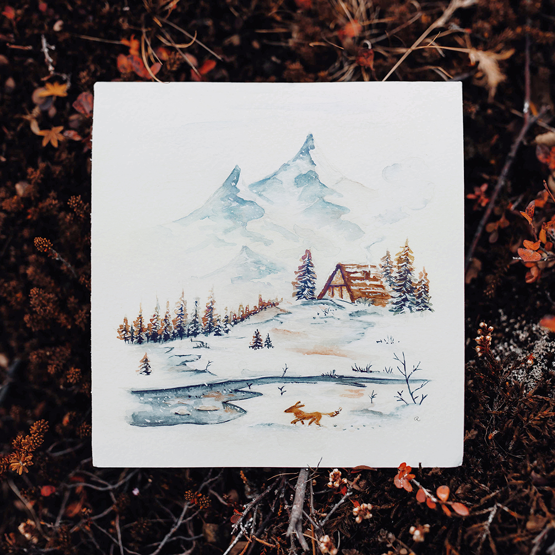 Raphaelle Monvoisin Watercolor Art Illustration fox winter house cabin snow