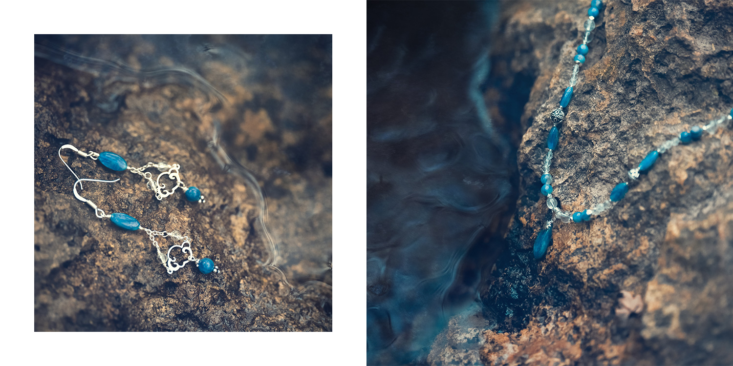 Reflet de Lune, silver and fine stones jewelry, earing bracelet and pendant, blue kyanite