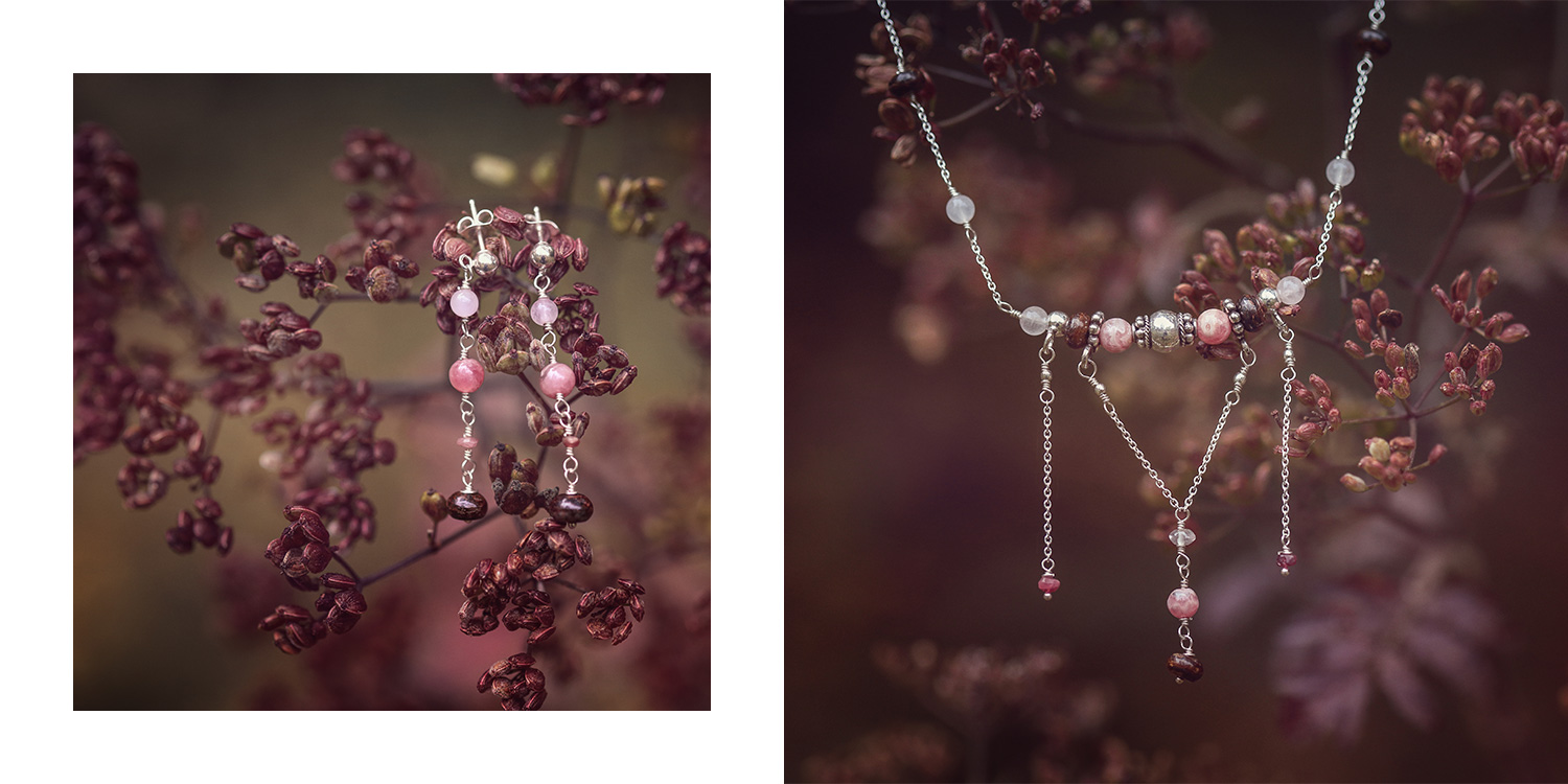 Reflet de Lune, silver and fine stones jewelry, earing bracelet and pendant, pink quartz